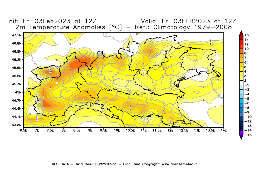 Mappa di analisi GFS - Anomalia Temperatura [°C] a 2 m in Nord-Italia
							del 03/02/2023 12 <!--googleoff: index-->UTC<!--googleon: index-->