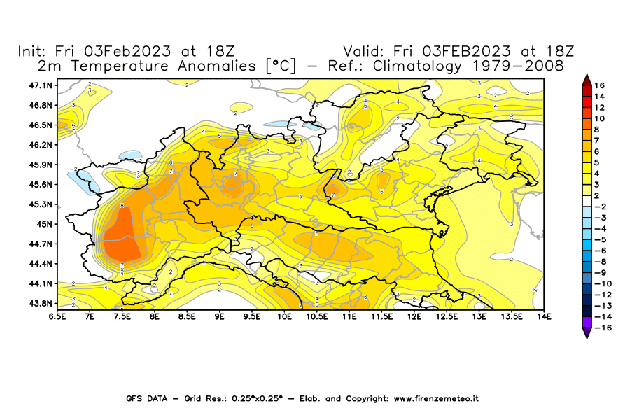 Mappa di analisi GFS - Anomalia Temperatura [°C] a 2 m in Nord-Italia
							del 03/02/2023 18 <!--googleoff: index-->UTC<!--googleon: index-->