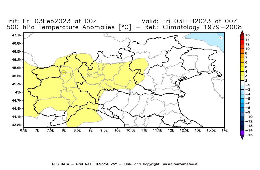 Mappa di analisi GFS - Anomalia Temperatura [°C] a 500 hPa in Nord-Italia
							del 03/02/2023 00 <!--googleoff: index-->UTC<!--googleon: index-->