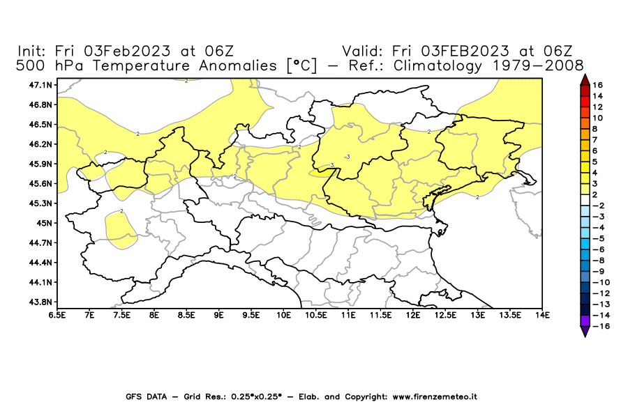 Mappa di analisi GFS - Anomalia Temperatura [°C] a 500 hPa in Nord-Italia
							del 03/02/2023 06 <!--googleoff: index-->UTC<!--googleon: index-->