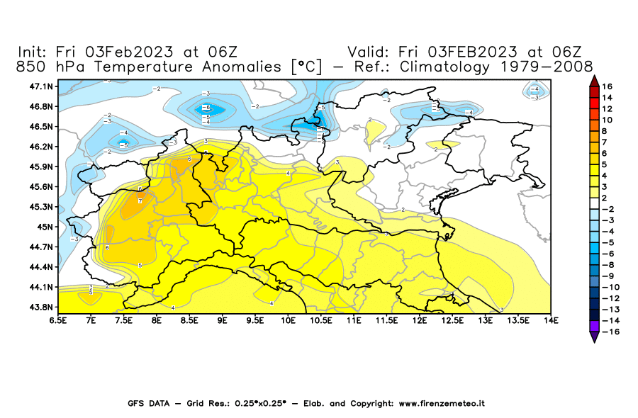 Mappa di analisi GFS - Anomalia Temperatura [°C] a 850 hPa in Nord-Italia
							del 03/02/2023 06 <!--googleoff: index-->UTC<!--googleon: index-->