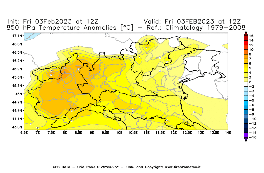 Mappa di analisi GFS - Anomalia Temperatura [°C] a 850 hPa in Nord-Italia
							del 03/02/2023 12 <!--googleoff: index-->UTC<!--googleon: index-->
