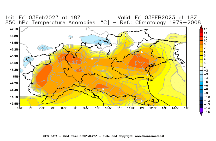 Mappa di analisi GFS - Anomalia Temperatura [°C] a 850 hPa in Nord-Italia
							del 03/02/2023 18 <!--googleoff: index-->UTC<!--googleon: index-->