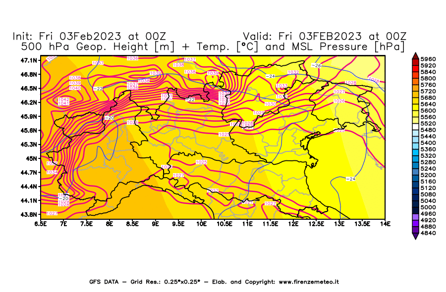 Mappa di analisi GFS - Geopotenziale [m] + Temp. [°C] a 500 hPa + Press. a livello del mare [hPa] in Nord-Italia
							del 03/02/2023 00 <!--googleoff: index-->UTC<!--googleon: index-->