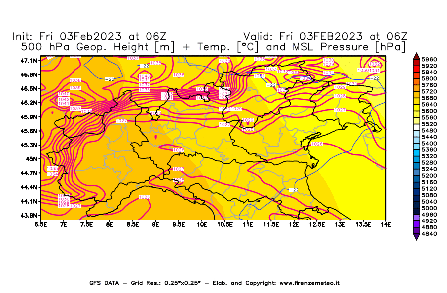 Mappa di analisi GFS - Geopotenziale [m] + Temp. [°C] a 500 hPa + Press. a livello del mare [hPa] in Nord-Italia
							del 03/02/2023 06 <!--googleoff: index-->UTC<!--googleon: index-->