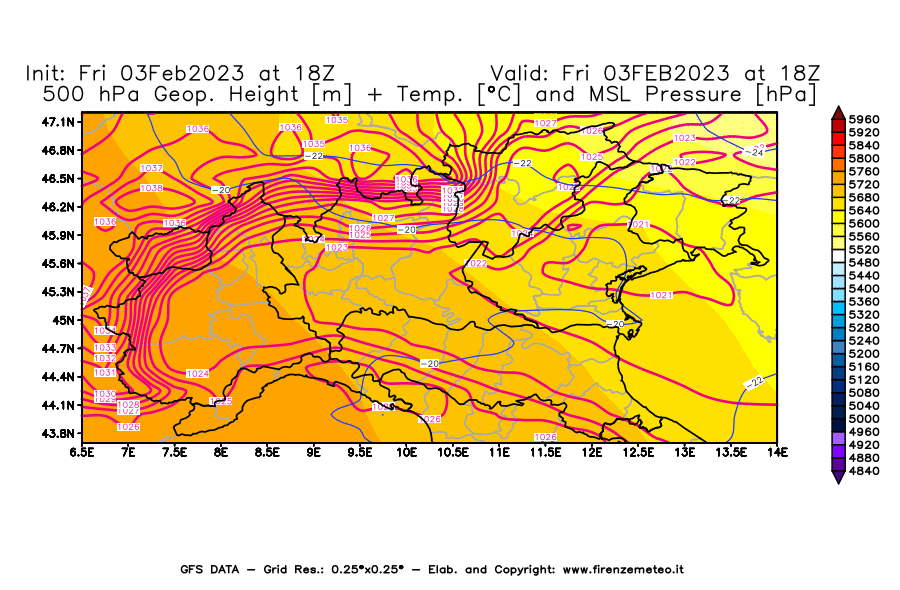 Mappa di analisi GFS - Geopotenziale [m] + Temp. [°C] a 500 hPa + Press. a livello del mare [hPa] in Nord-Italia
							del 03/02/2023 18 <!--googleoff: index-->UTC<!--googleon: index-->