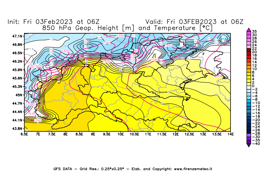 Mappa di analisi GFS - Geopotenziale [m] e Temperatura [°C] a 850 hPa in Nord-Italia
							del 03/02/2023 06 <!--googleoff: index-->UTC<!--googleon: index-->