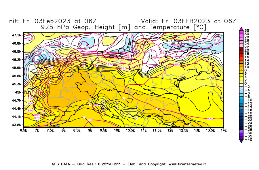 Mappa di analisi GFS - Geopotenziale [m] e Temperatura [°C] a 925 hPa in Nord-Italia
							del 03/02/2023 06 <!--googleoff: index-->UTC<!--googleon: index-->