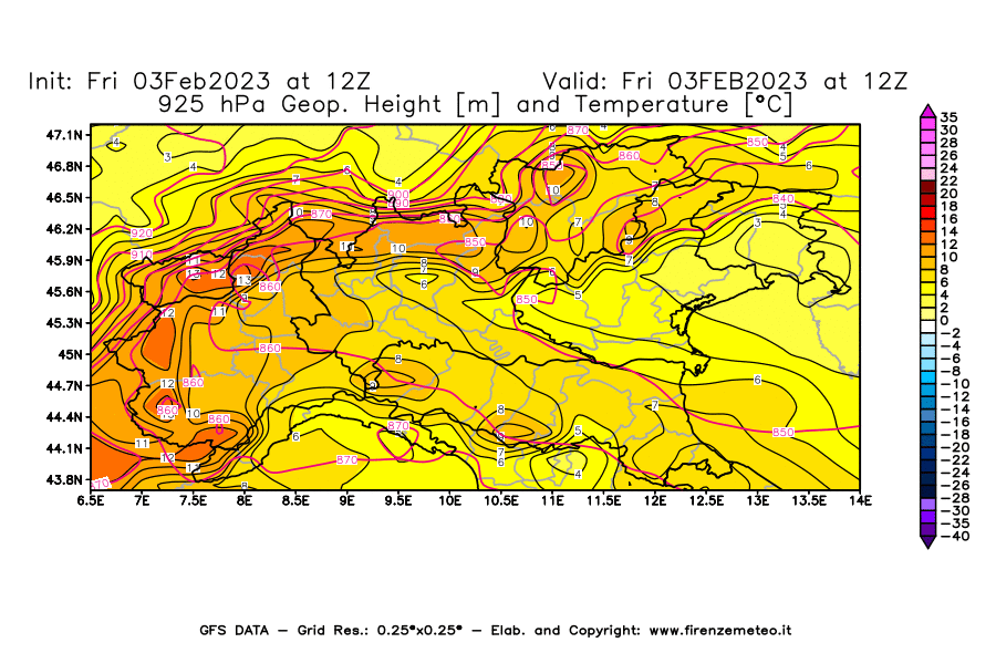 Mappa di analisi GFS - Geopotenziale [m] e Temperatura [°C] a 925 hPa in Nord-Italia
							del 03/02/2023 12 <!--googleoff: index-->UTC<!--googleon: index-->