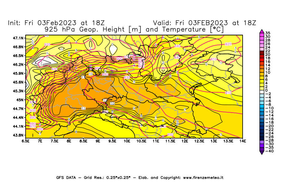Mappa di analisi GFS - Geopotenziale [m] e Temperatura [°C] a 925 hPa in Nord-Italia
							del 03/02/2023 18 <!--googleoff: index-->UTC<!--googleon: index-->