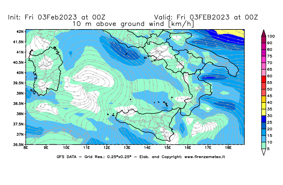 Mappa di analisi GFS - Velocità del vento a 10 metri dal suolo [km/h] in Sud-Italia
							del 03/02/2023 00 <!--googleoff: index-->UTC<!--googleon: index-->