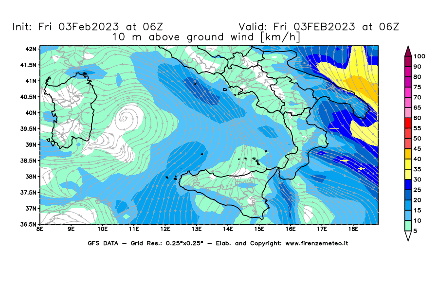 Mappa di analisi GFS - Velocità del vento a 10 metri dal suolo [km/h] in Sud-Italia
							del 03/02/2023 06 <!--googleoff: index-->UTC<!--googleon: index-->