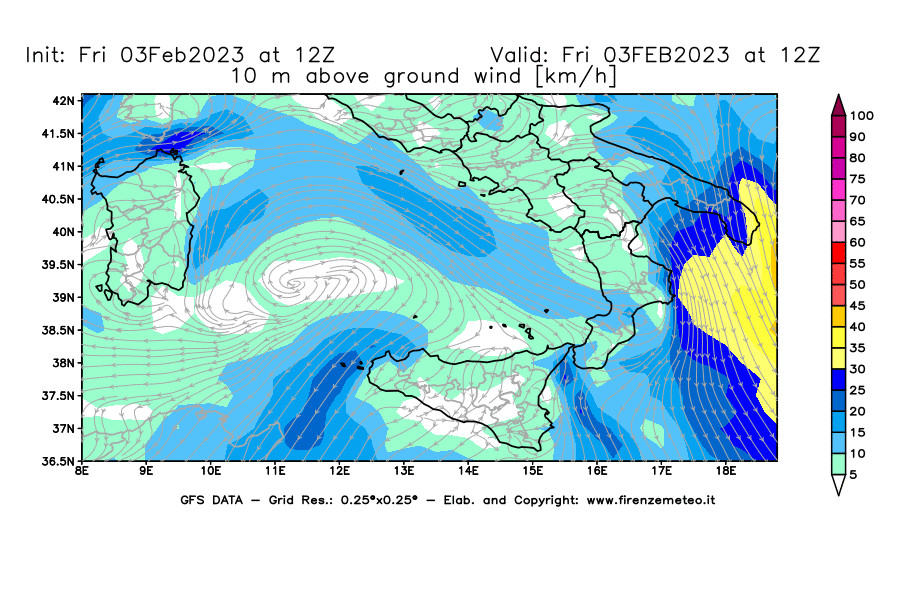 Mappa di analisi GFS - Velocità del vento a 10 metri dal suolo [km/h] in Sud-Italia
							del 03/02/2023 12 <!--googleoff: index-->UTC<!--googleon: index-->