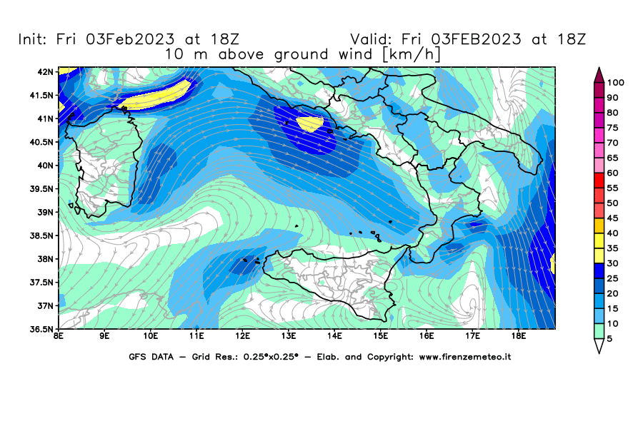Mappa di analisi GFS - Velocità del vento a 10 metri dal suolo [km/h] in Sud-Italia
							del 03/02/2023 18 <!--googleoff: index-->UTC<!--googleon: index-->