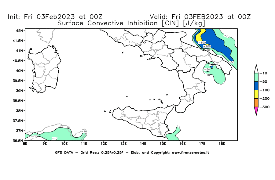 Mappa di analisi GFS - CIN [J/kg] in Sud-Italia
							del 03/02/2023 00 <!--googleoff: index-->UTC<!--googleon: index-->