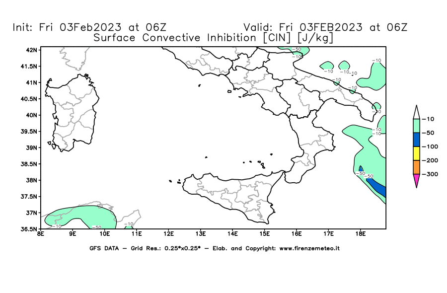 Mappa di analisi GFS - CIN [J/kg] in Sud-Italia
							del 03/02/2023 06 <!--googleoff: index-->UTC<!--googleon: index-->