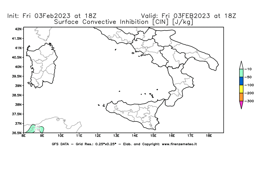 Mappa di analisi GFS - CIN [J/kg] in Sud-Italia
							del 03/02/2023 18 <!--googleoff: index-->UTC<!--googleon: index-->