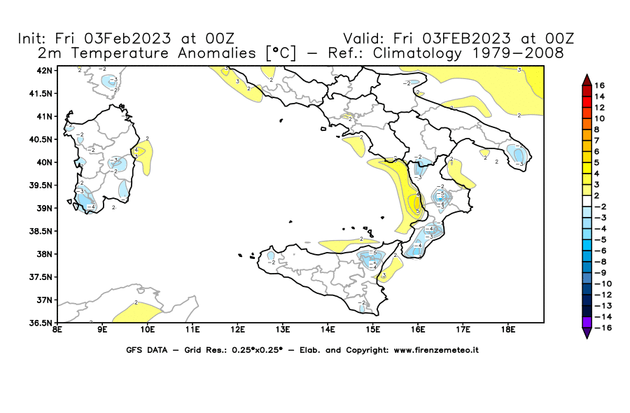 Mappa di analisi GFS - Anomalia Temperatura [°C] a 2 m in Sud-Italia
							del 03/02/2023 00 <!--googleoff: index-->UTC<!--googleon: index-->