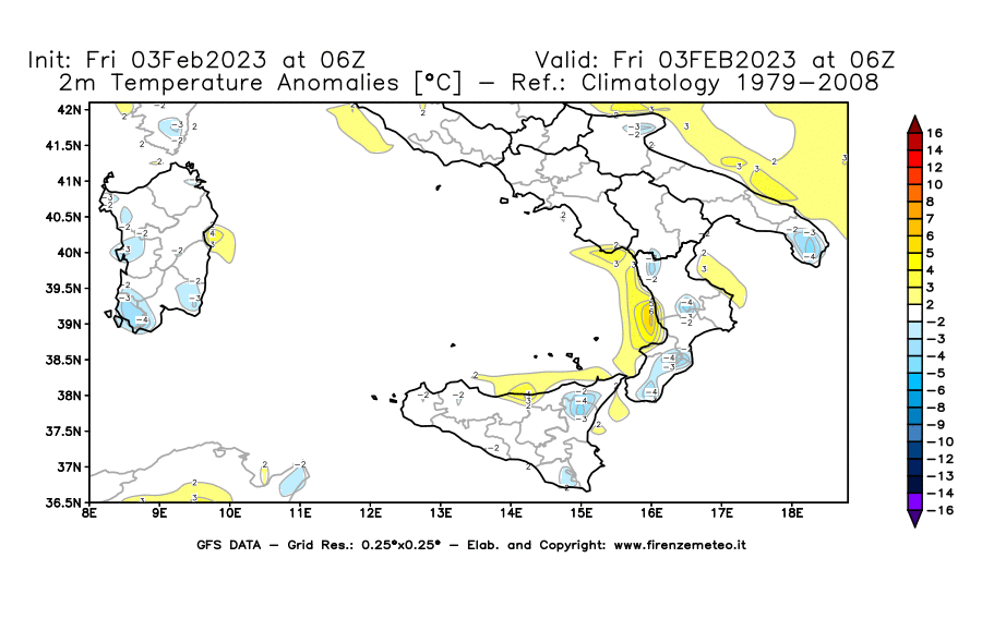 Mappa di analisi GFS - Anomalia Temperatura [°C] a 2 m in Sud-Italia
							del 03/02/2023 06 <!--googleoff: index-->UTC<!--googleon: index-->