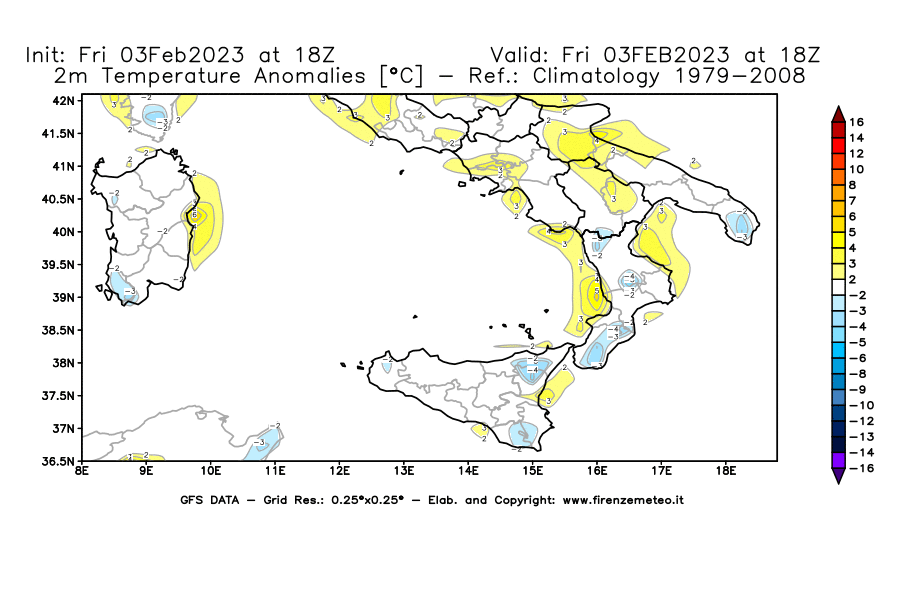 Mappa di analisi GFS - Anomalia Temperatura [°C] a 2 m in Sud-Italia
							del 03/02/2023 18 <!--googleoff: index-->UTC<!--googleon: index-->