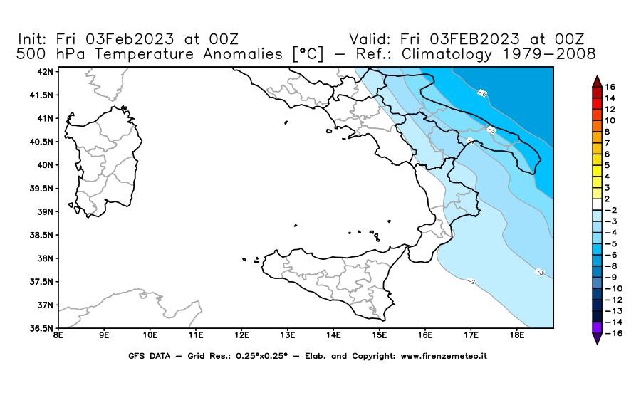 Mappa di analisi GFS - Anomalia Temperatura [°C] a 500 hPa in Sud-Italia
							del 03/02/2023 00 <!--googleoff: index-->UTC<!--googleon: index-->