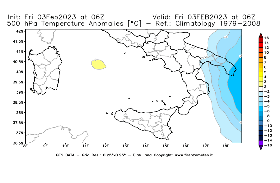 Mappa di analisi GFS - Anomalia Temperatura [°C] a 500 hPa in Sud-Italia
							del 03/02/2023 06 <!--googleoff: index-->UTC<!--googleon: index-->