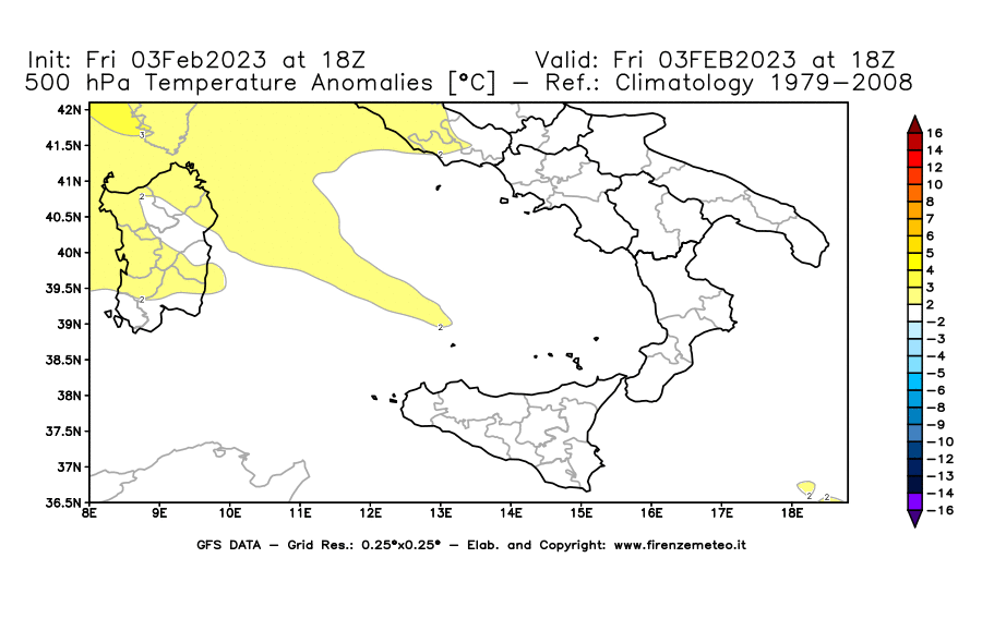 Mappa di analisi GFS - Anomalia Temperatura [°C] a 500 hPa in Sud-Italia
							del 03/02/2023 18 <!--googleoff: index-->UTC<!--googleon: index-->