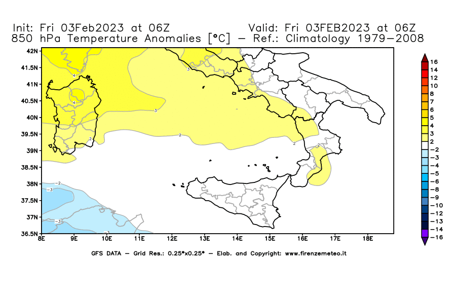 Mappa di analisi GFS - Anomalia Temperatura [°C] a 850 hPa in Sud-Italia
							del 03/02/2023 06 <!--googleoff: index-->UTC<!--googleon: index-->