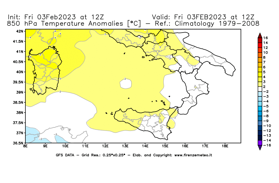 Mappa di analisi GFS - Anomalia Temperatura [°C] a 850 hPa in Sud-Italia
							del 03/02/2023 12 <!--googleoff: index-->UTC<!--googleon: index-->