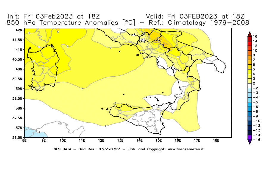 Mappa di analisi GFS - Anomalia Temperatura [°C] a 850 hPa in Sud-Italia
							del 03/02/2023 18 <!--googleoff: index-->UTC<!--googleon: index-->