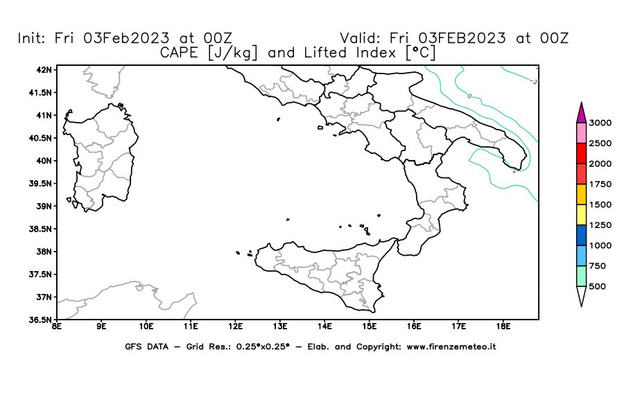 Mappa di analisi GFS - CAPE [J/kg] e Lifted Index [°C] in Sud-Italia
							del 03/02/2023 00 <!--googleoff: index-->UTC<!--googleon: index-->