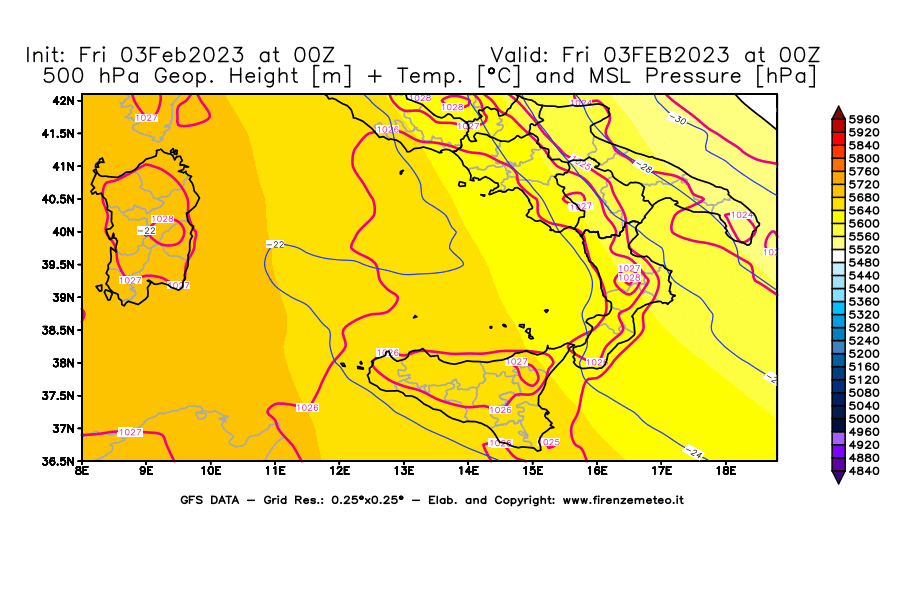 Mappa di analisi GFS - Geopotenziale [m] + Temp. [°C] a 500 hPa + Press. a livello del mare [hPa] in Sud-Italia
							del 03/02/2023 00 <!--googleoff: index-->UTC<!--googleon: index-->