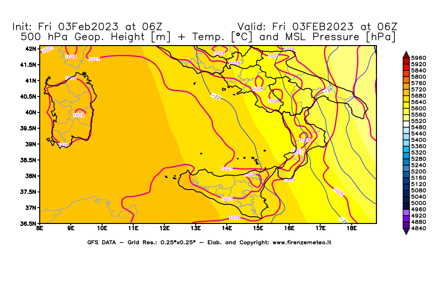 Mappa di analisi GFS - Geopotenziale [m] + Temp. [°C] a 500 hPa + Press. a livello del mare [hPa] in Sud-Italia
							del 03/02/2023 06 <!--googleoff: index-->UTC<!--googleon: index-->