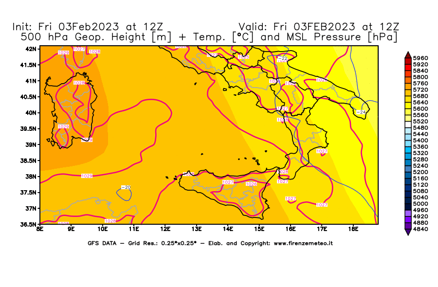 Mappa di analisi GFS - Geopotenziale [m] + Temp. [°C] a 500 hPa + Press. a livello del mare [hPa] in Sud-Italia
							del 03/02/2023 12 <!--googleoff: index-->UTC<!--googleon: index-->