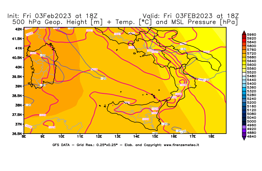 Mappa di analisi GFS - Geopotenziale [m] + Temp. [°C] a 500 hPa + Press. a livello del mare [hPa] in Sud-Italia
							del 03/02/2023 18 <!--googleoff: index-->UTC<!--googleon: index-->