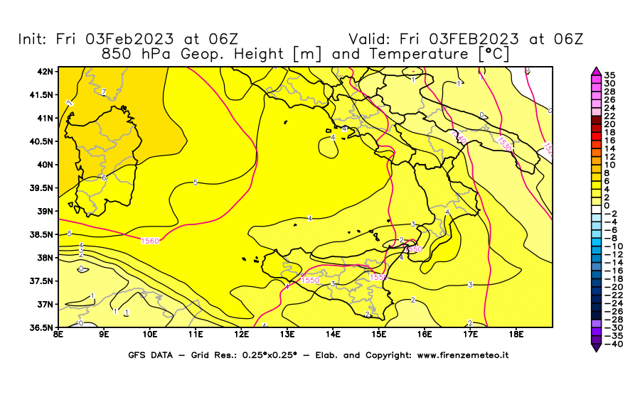 Mappa di analisi GFS - Geopotenziale [m] e Temperatura [°C] a 850 hPa in Sud-Italia
							del 03/02/2023 06 <!--googleoff: index-->UTC<!--googleon: index-->