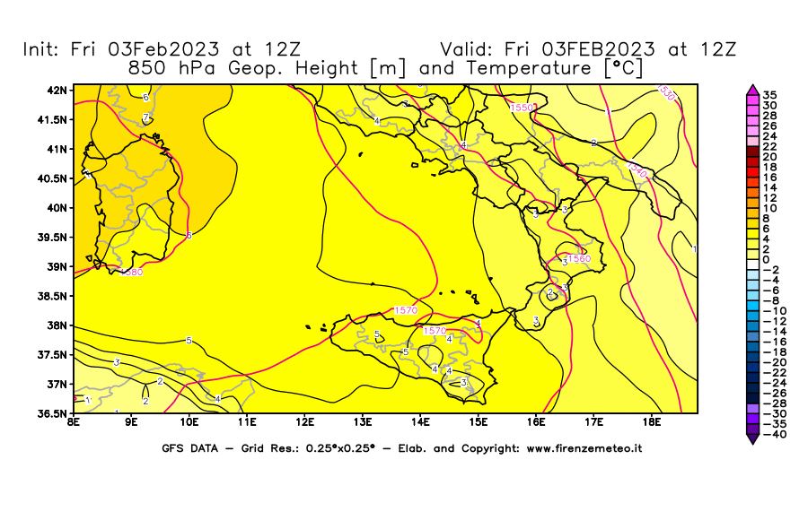 Mappa di analisi GFS - Geopotenziale [m] e Temperatura [°C] a 850 hPa in Sud-Italia
							del 03/02/2023 12 <!--googleoff: index-->UTC<!--googleon: index-->