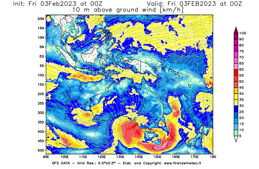 Mappa di analisi GFS - Velocità del vento a 10 metri dal suolo [km/h] in Oceania
							del 03/02/2023 00 <!--googleoff: index-->UTC<!--googleon: index-->