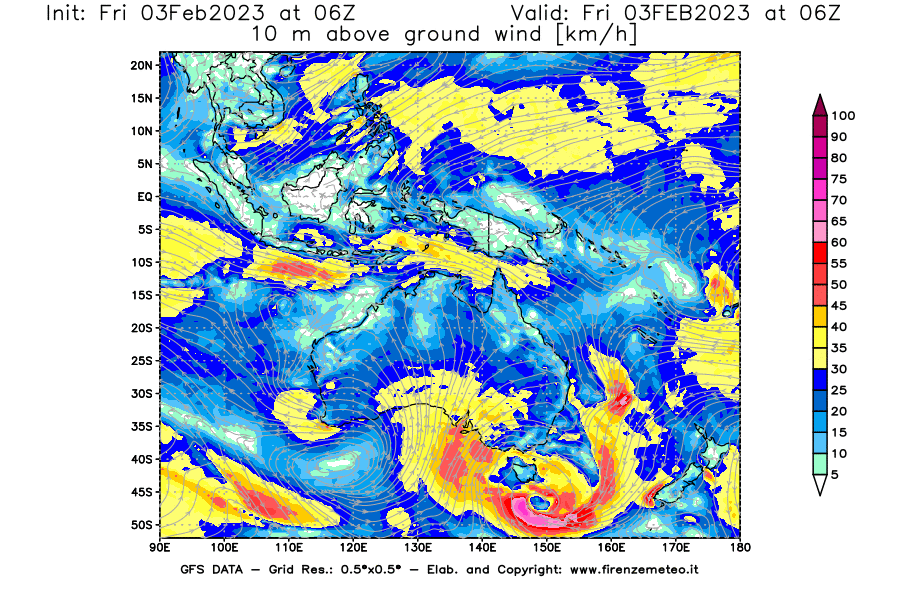 Mappa di analisi GFS - Velocità del vento a 10 metri dal suolo [km/h] in Oceania
							del 03/02/2023 06 <!--googleoff: index-->UTC<!--googleon: index-->