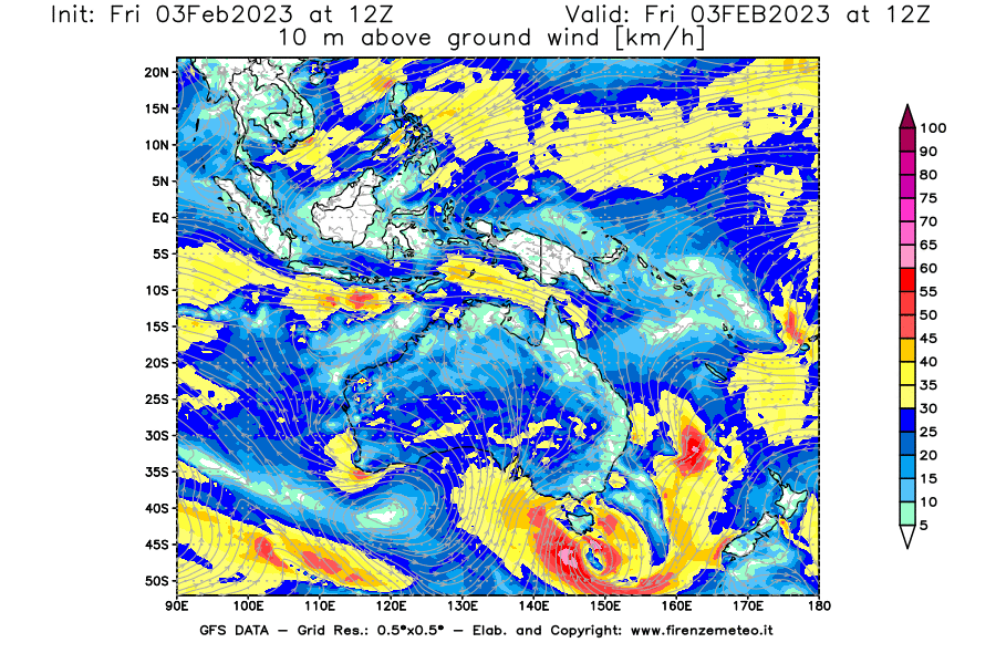 Mappa di analisi GFS - Velocità del vento a 10 metri dal suolo [km/h] in Oceania
							del 03/02/2023 12 <!--googleoff: index-->UTC<!--googleon: index-->