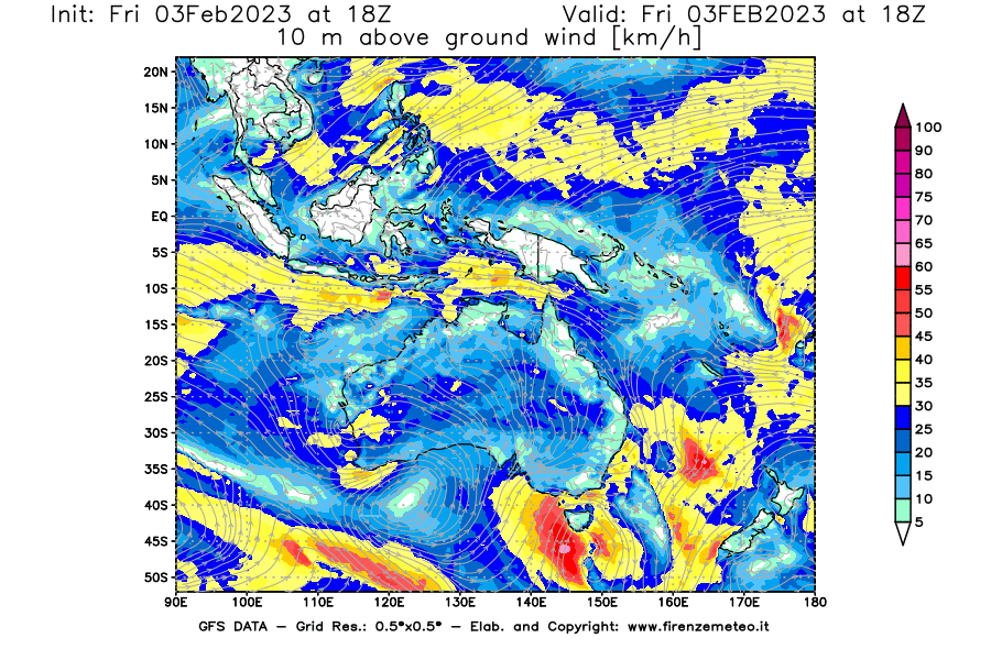 Mappa di analisi GFS - Velocità del vento a 10 metri dal suolo [km/h] in Oceania
							del 03/02/2023 18 <!--googleoff: index-->UTC<!--googleon: index-->