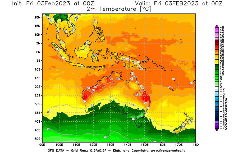 Mappa di analisi GFS - Temperatura a 2 metri dal suolo [°C] in Oceania
							del 03/02/2023 00 <!--googleoff: index-->UTC<!--googleon: index-->