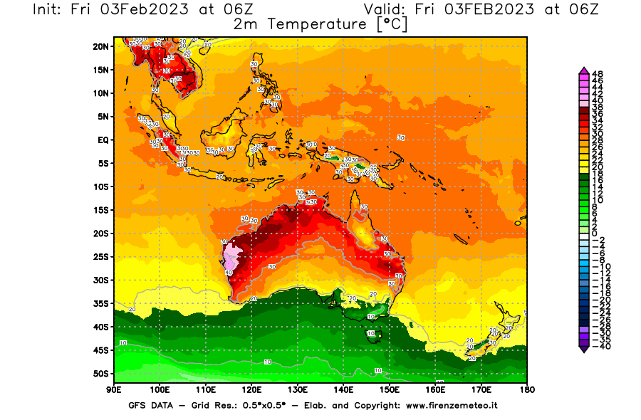 Mappa di analisi GFS - Temperatura a 2 metri dal suolo [°C] in Oceania
							del 03/02/2023 06 <!--googleoff: index-->UTC<!--googleon: index-->