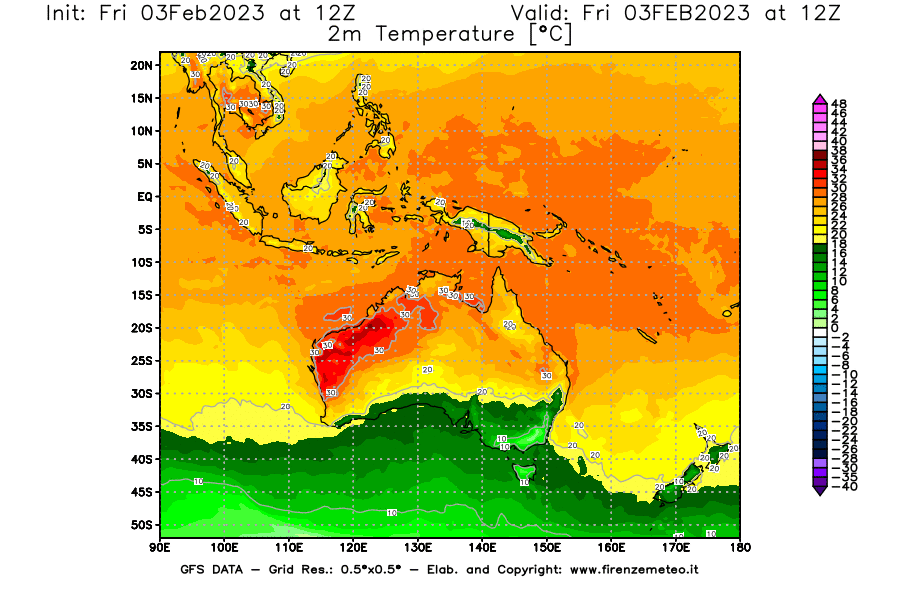 Mappa di analisi GFS - Temperatura a 2 metri dal suolo [°C] in Oceania
							del 03/02/2023 12 <!--googleoff: index-->UTC<!--googleon: index-->