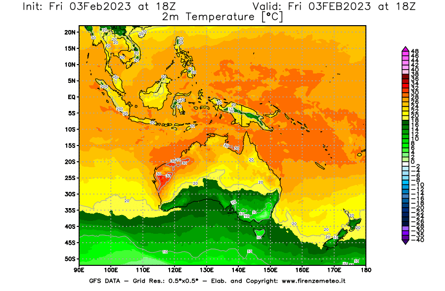 Mappa di analisi GFS - Temperatura a 2 metri dal suolo [°C] in Oceania
							del 03/02/2023 18 <!--googleoff: index-->UTC<!--googleon: index-->