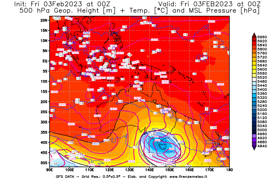 Mappa di analisi GFS - Geopotenziale [m] + Temp. [°C] a 500 hPa + Press. a livello del mare [hPa] in Oceania
							del 03/02/2023 00 <!--googleoff: index-->UTC<!--googleon: index-->