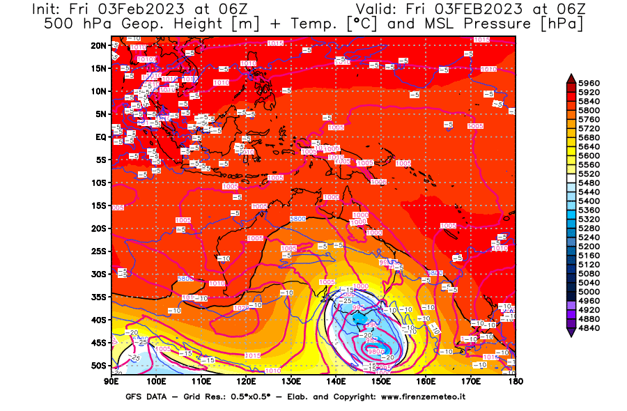 Mappa di analisi GFS - Geopotenziale [m] + Temp. [°C] a 500 hPa + Press. a livello del mare [hPa] in Oceania
							del 03/02/2023 06 <!--googleoff: index-->UTC<!--googleon: index-->