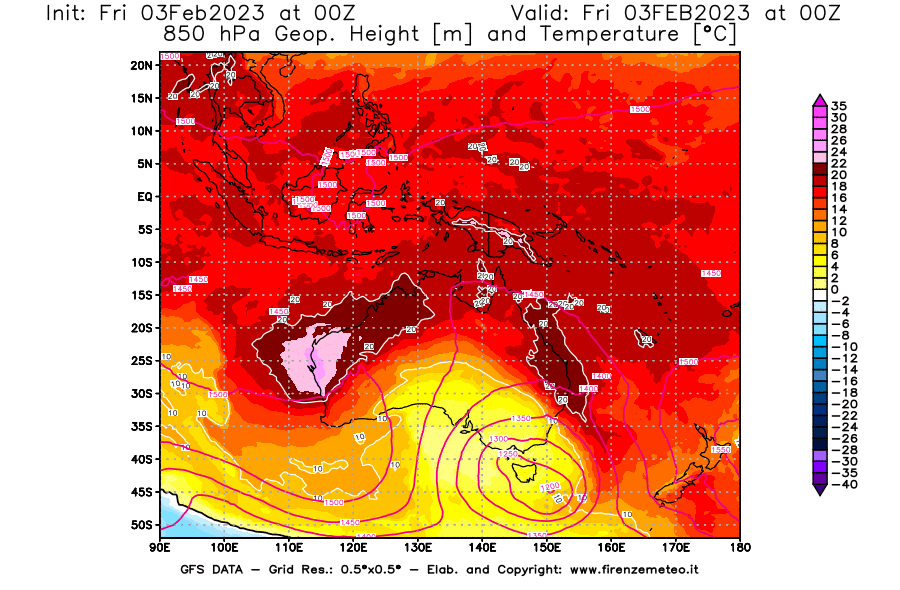 Mappa di analisi GFS - Geopotenziale [m] e Temperatura [°C] a 850 hPa in Oceania
							del 03/02/2023 00 <!--googleoff: index-->UTC<!--googleon: index-->