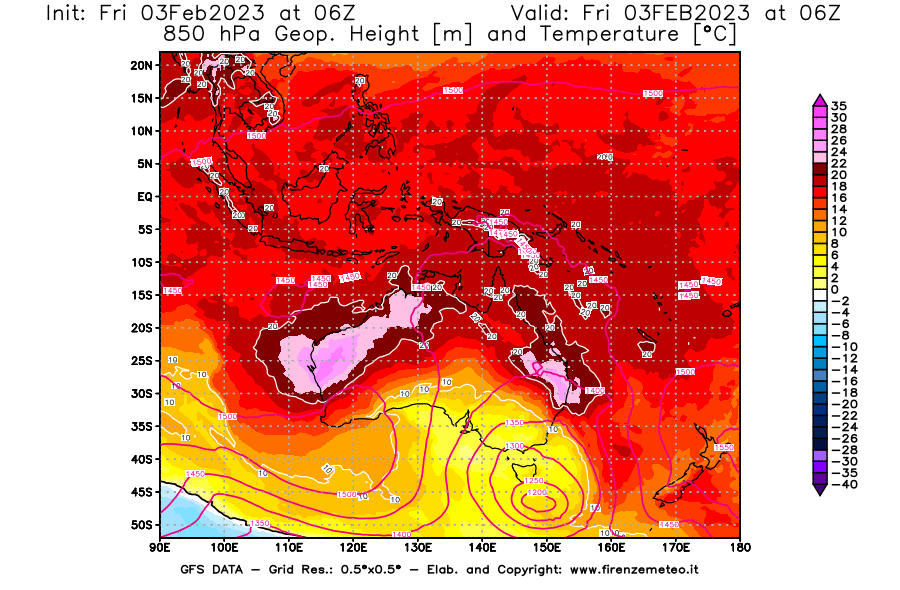 Mappa di analisi GFS - Geopotenziale [m] e Temperatura [°C] a 850 hPa in Oceania
							del 03/02/2023 06 <!--googleoff: index-->UTC<!--googleon: index-->