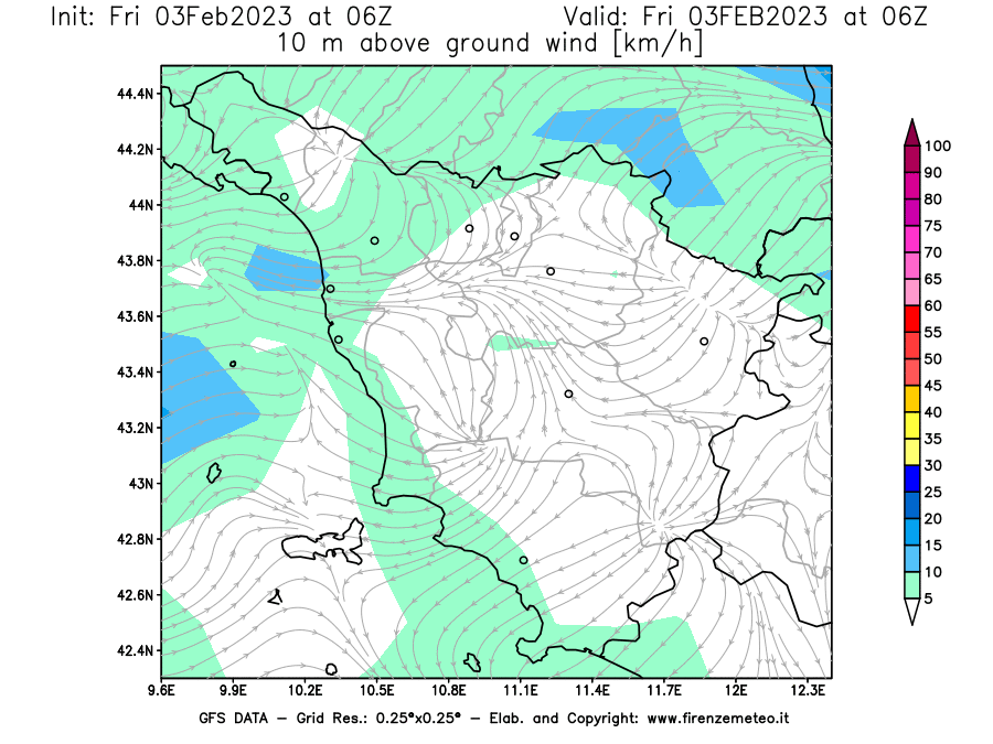 Mappa di analisi GFS - Velocità del vento a 10 metri dal suolo [km/h] in Toscana
							del 03/02/2023 06 <!--googleoff: index-->UTC<!--googleon: index-->